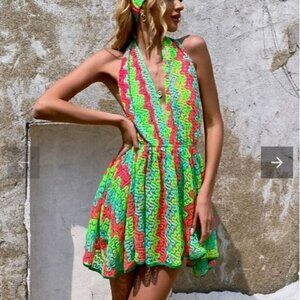MULTICOLOR TIE BACK HALTER V NECK HALTER MINI DRESS